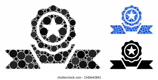Recommendation badge mosaic of small circles in variable sizes and color tones, based on recommendation badge icon. Vector filled circles are combined into blue illustration.