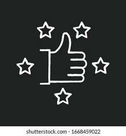 Recommendation chalk white icon on black background. Thumbs up. Five star. Review rate. Customer satisfaction level. Approve of client service. Top quality. Isolated vector chalkboard illustration