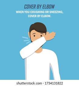 Recommendation during a coronavirus pandemic. Cover with napkin. Man sneezes and covers with elbow in a flat design on a blue background