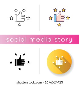Recommendation icon. Thumbs up. Five star. Review rate. Customer satisfaction level. Approve of client service. Top quality. Linear black and RGB color styles. Isolated vector illustrations