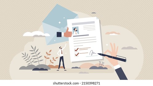 Recommendation letter and CV reference for job interview tiny person concept. Human resources vacancy candidate document with experience review and qualification text feedback vector illustration.