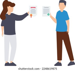  Recommendation letter and CV reference for job interview tiny person concept. Human resources vacancy candidate document with experience review and qualification text feedback illustration
