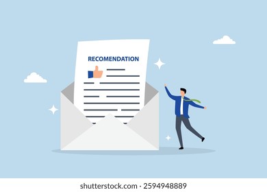 Recommendation letter, joyful entrepreneur holding letter of recommendation in email envelope. 