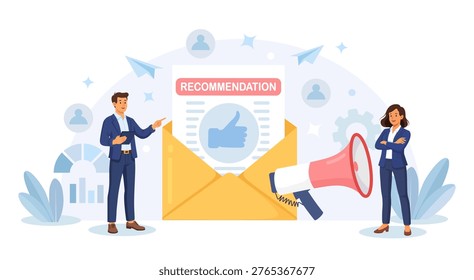 Recommendation letter in mail envelope. Businessman sends appreciation document for apply new job. Experience or qualification guarantee. Education reward concept. Vector flat illustration