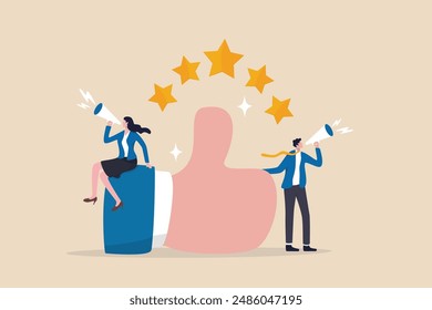 Recommendation, like or business feedback, office reputation, customer feedback or announce best quality promotion, recommend career concept, business people announce on megaphone with thumbs up.