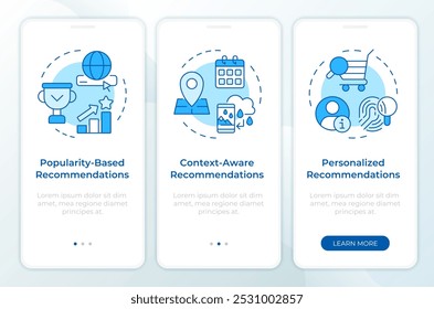 Metodologías de recomendación pantalla azul del App móvil de incorporación. Instrucciones gráficas editables de 3 pasos con conceptos lineales. PLANTILLA UI, UX, GUI
