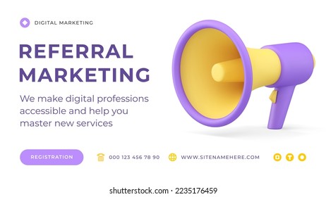 Recommendation public share service megaphone referral marketing social media banner 3d icon vector illustration. Internet promo announcement digital advertising bullhorn suggestion SEO technology