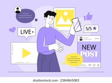 Recommendation social networks line concept. Man in social media with interesting content. Guy with posts with articles and pictures. Linear flat vector illustration isolated on violet background