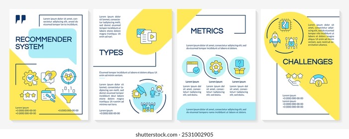 Sistema de recomendación Plantilla de folleto azul y amarillo. Diseño de folleto con iconos lineales. 4 diseños de Vector editables para presentación, informes anuales