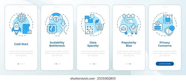 El sistema de recomendación emite una pantalla azul del App móvil de incorporación. Instrucciones gráficas editables de 5 pasos con conceptos lineales. PLANTILLA UI, UX, GUI