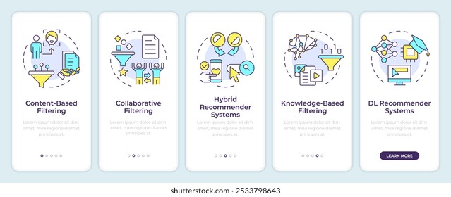 Tipos de sistema de recomendación incorporando la pantalla del App móvil. Instrucciones gráficas editables de 5 pasos con conceptos lineales. PLANTILLA UI, UX, GUI