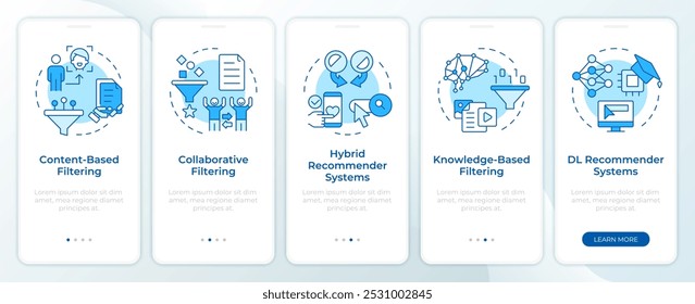 Recommendation systems types blue onboarding mobile app screen. Walkthrough 5 steps editable graphic instructions with linear concepts. UI, UX, GUI template