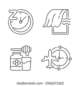 Recommendations to improve sleep linear icons set. Sleep hygiene and regularity. Bedroom airing. Customizable thin line contour symbols. Isolated vector outline illustrations. Editable stroke