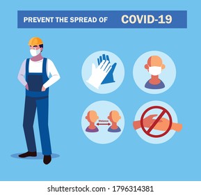 recommendations to prevent covid in an industry operator vector illustration design