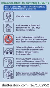 Recommendations for preventing COVID-19. Code of Conduct to Abide by When Having Fever, Cough or Other Respiratory Symptoms. Vector illustrations set.