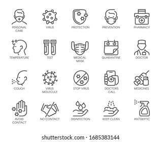 Recommendations stop virus icons series. No contact, personal care, medical tests, protection from the spread of epidemic sign. Quarantine, disinfection, medical treatment. Vector label isolated