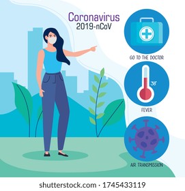 recommendations, woman using medical protective mask against coronavirus 2019 ncov vector illustration design