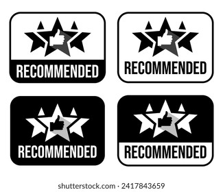 Recommended badges creative vector templates set. Recommendations colorful tags design with thumbs up isolated on white background. Best products, approved quality, warranty paper ribbons collection.