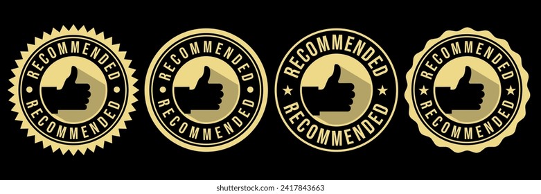 Recommended badges creative vector templates set. Recommendations colorful tags design with thumbs up isolated on white background. Best products, approved quality, warranty paper ribbons collection.