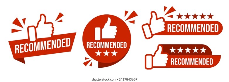 Recommended badges creative vector templates set. Recommendations colorful tags design with thumbs up isolated on white background. Best products, approved quality, warranty paper ribbons collection.