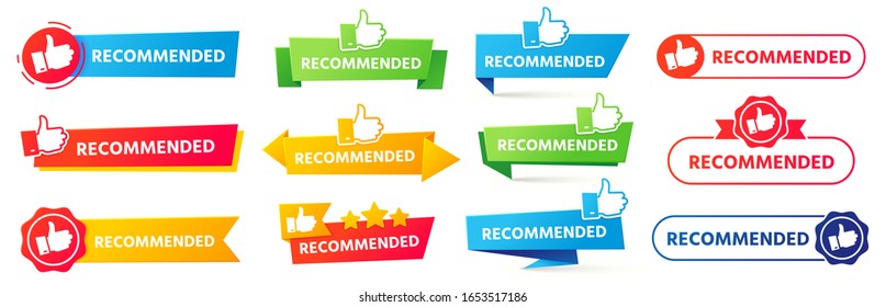 Recommended banner. Best recommendation badge, bestseller tag and tor rating advice banners vector set. Thumb up icons with color ribbons, promotion marketing advertising stickers, positive feedback