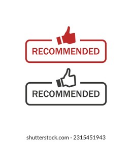 Recommended banner buttton with thumbs up icon symbol sign. recommend with like icon