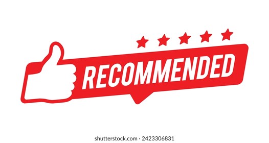 Recommended banner red color with thumbs up and stars.  For icon, logo, sign, seal, symbol, stamp, sticker. Vector illustration