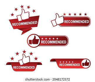 Recommended Banner Set. Best recommendation badge, best selling tag, and ranking suggestion banner vector set. Thumb icon with red ribbon, promotional marketing advertising sticker, positive feedback