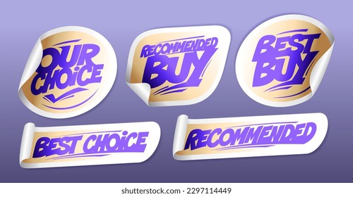 Recommended buy, best choice, best buy, etc. - vector stickers set with violet lettering