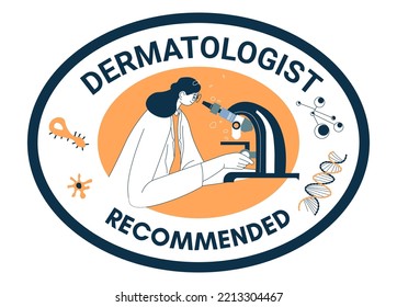 Von einem Dermatologen empfohlen, in Laboratorien oder Kliniken getestet. Frauen mit Mikroskop untersuchenden Zellen von Organismen. Emblem oder Logo, Aufkleber für eine Packung. Vektorgrafik im Flachstil
