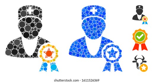 Recommended by doctors mosaic of filled circles in various sizes and shades, based on recommended by doctors icon. Vector filled circles are combined into blue illustration.