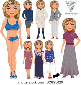 Recommended fashion style for inverted triangle type of woman figure, vector hand drawn illustration, part of collection