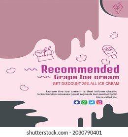 Afiche de la crema de helado de uva recomendada, banner, publicidad , impreso en ilustración vectorial ,