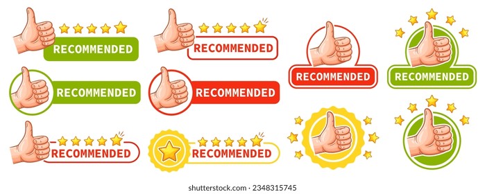 Recommended, hand thumb up gesture, good choice, best recommendation, high rating, guarantee quality product icon set. Positive customer feedback. Sale offer. Business reputation. Internet like vector