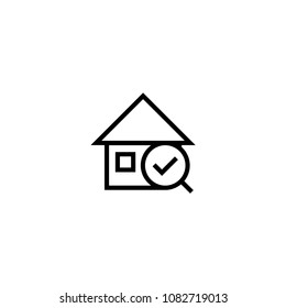 recommended house search icon. home with magnifying glass and okay check symbol. simple clean thin outline style design.