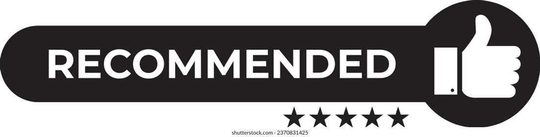 Recommended icon. Good, best or great choice. Vector line banner with text, thumb up and 5 stars