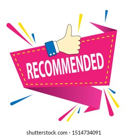 Recommended icon. Pink label recommended with thumb up. Best tag for great brand. Banner ribbon thumb up, Sign brand with recommended , isolated on white background. 
