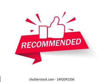 Recommended icon. Red label recommended with thumb up.Sign brand with recommended.Best tag for great brend.Banner ribbon thumb up on isolated background. vector illustration