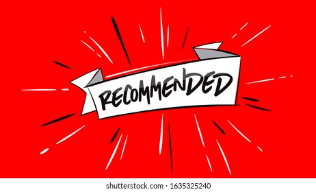 Recommended icon. Red label recommended with thumb up.Sign brand with recommended.Best tag for great brend.Banner ribbon thumb up on isolated background. Vector logo and sign illustration easy to use.