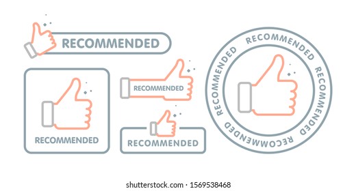 Recommended icon set. Line label recommended with thumb up. Sign brand with recommended. Best tag for great brend. Banner thumb up on isolated background. Vector illustration.