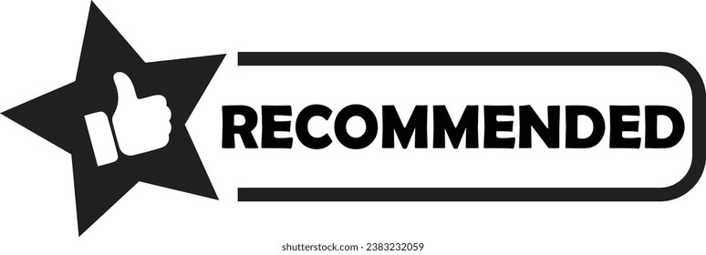 Diseño de etiqueta vectorial de icono recomendado con imágenes en miniatura hacia arriba y en línea de icono estrella.