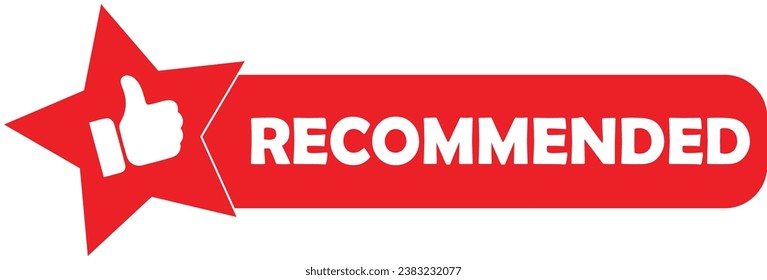 Diseño de etiqueta vectorial de icono recomendado con miniaturas hacia arriba y color rojo de icono de estrella