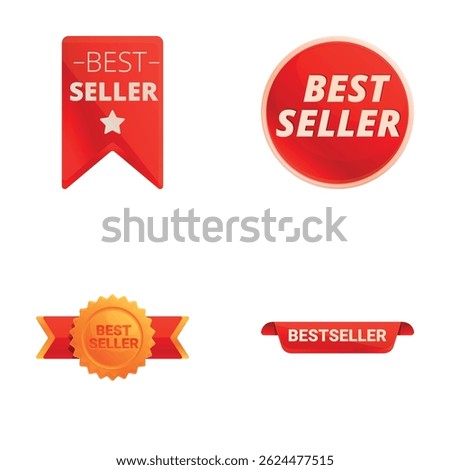 Recommended icons set cartoon vector. Red sticker with inscription bestseller. Quality mark