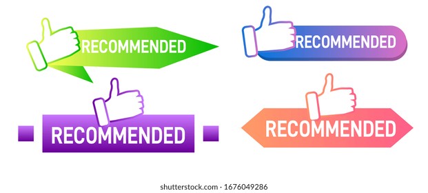 Recommended label with thumbs up. Geometric banner. Best recommendation badge, bestseller tag and tor rating advice banners vector set. 