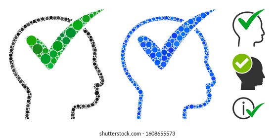 Recommended mosaic of round dots in various sizes and color tints, based on recommended icon. Vector round dots are composed into blue mosaic. Dotted recommended icon in usual and blue versions.