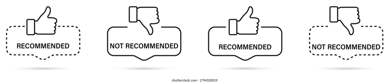 Recommended and Not Recommended icon. Linear Label recommended and not recommended with thumb up and thumb down. Banner Tag or Label for great brand. Thumb up and down. Vector illustration