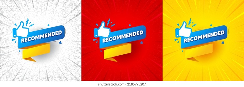 Recommended paper banner. Flash offer banner, coupon or poster. Best deal tag. Bubble with thumbs up icon. Recommended banner promo banner. Retail marketing flyer. Starburst pop art. Vector