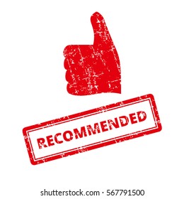 Recommended Rubber Stamp with red thumbs up icon. Grungy look. Isolated on white Background.