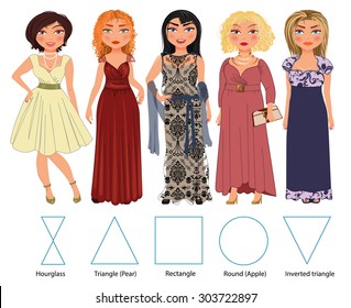 Estilos recomendados de vestidos nocturnos para 5 tipos de figuras femeninas: triángulo de vidrio, triángulo, rectángulo, triángulo redondo e invertido, ilustración dibujada a mano vectorial