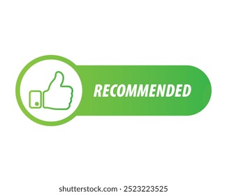 Recommended with thumb up sign label vector. Icon, good, sign, hand, recommend, like, business, symbol, up. Can use for infographic, banner, poster, web design. Isolated on white background.